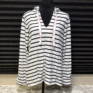 LOFT Ann Taylor Black & White Striped Knit Sweater Tunic Cotton Hoodie WN Medium